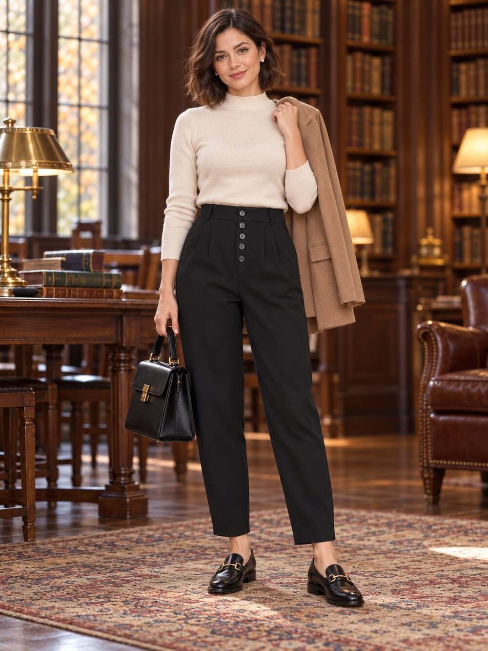Anthropologie Black High Rise Button Front Pleated Cropped Pants 4 Petite